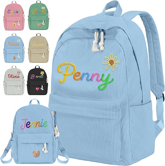 Custom Backpacks for Kids Personalized Corduroy Backpack with Name Boy Girl School Bookbag Bulk Customize Travel Camping Casual Back to School Gifts Blue