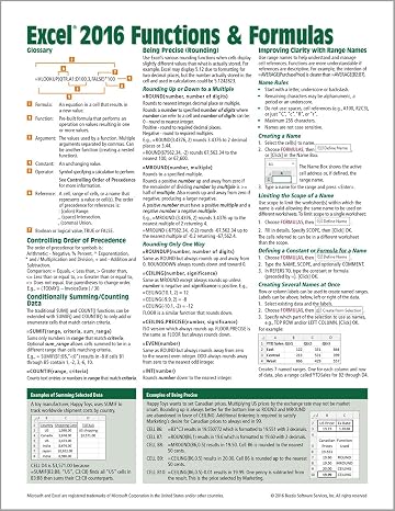 Microsoft Excel 2016 Functions & Formulas Quick Reference Card - Windows Version (4-page Cheat Sheet focusing on examples and context for ... functions and formulas - Laminated Guide)