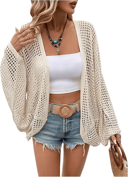 Verdusa Women's Oversized Summer Cardigan Lightweight Sweater Crochet Knit Beach Cover Up Spring Vacation Outfits