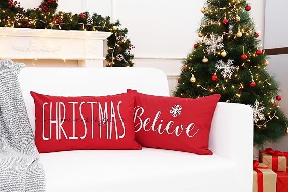 PurpleEssences X-mas Throw Pillow Covers - Believe & Merry Christmas