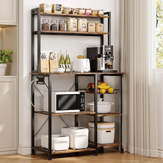 Einhomn Bakers Rack with Power Outlet, 35.4'' Coffee Bar with Wire Basket, Microwave Stand with Storage and Adjustable Feet, Versatile Kitchen Shelves for Pantry, Home Organization, Rustic Brown