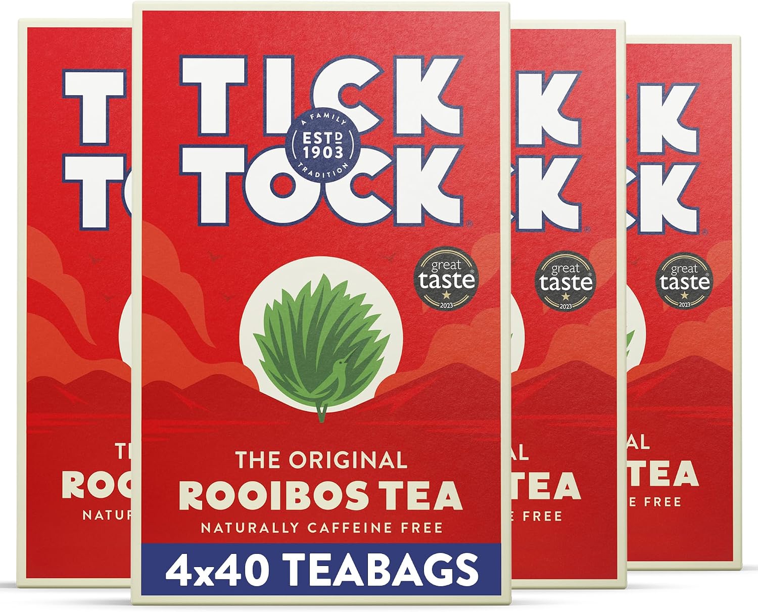 Tick Tock Rooibos Teabags, Caffeine-Free Tea, Pack of 4 x 40 Tea Bags 160 Teabags, Naturally Sweet Herbal Tea, Biodegradable, Rooibos UK, Redbush Tea Bags- 4 Pack