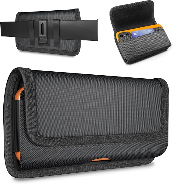 Rugged Nylon Holster for iPhone 17, 17 Air, 16, 16e, 15, 14, 13, 12, 11 & All Pro Models - Cell Phone Belt Holder Clip Case, Magnetic Closure, ID Card Slot Pouch (Fits Otterbox Commuter) Black