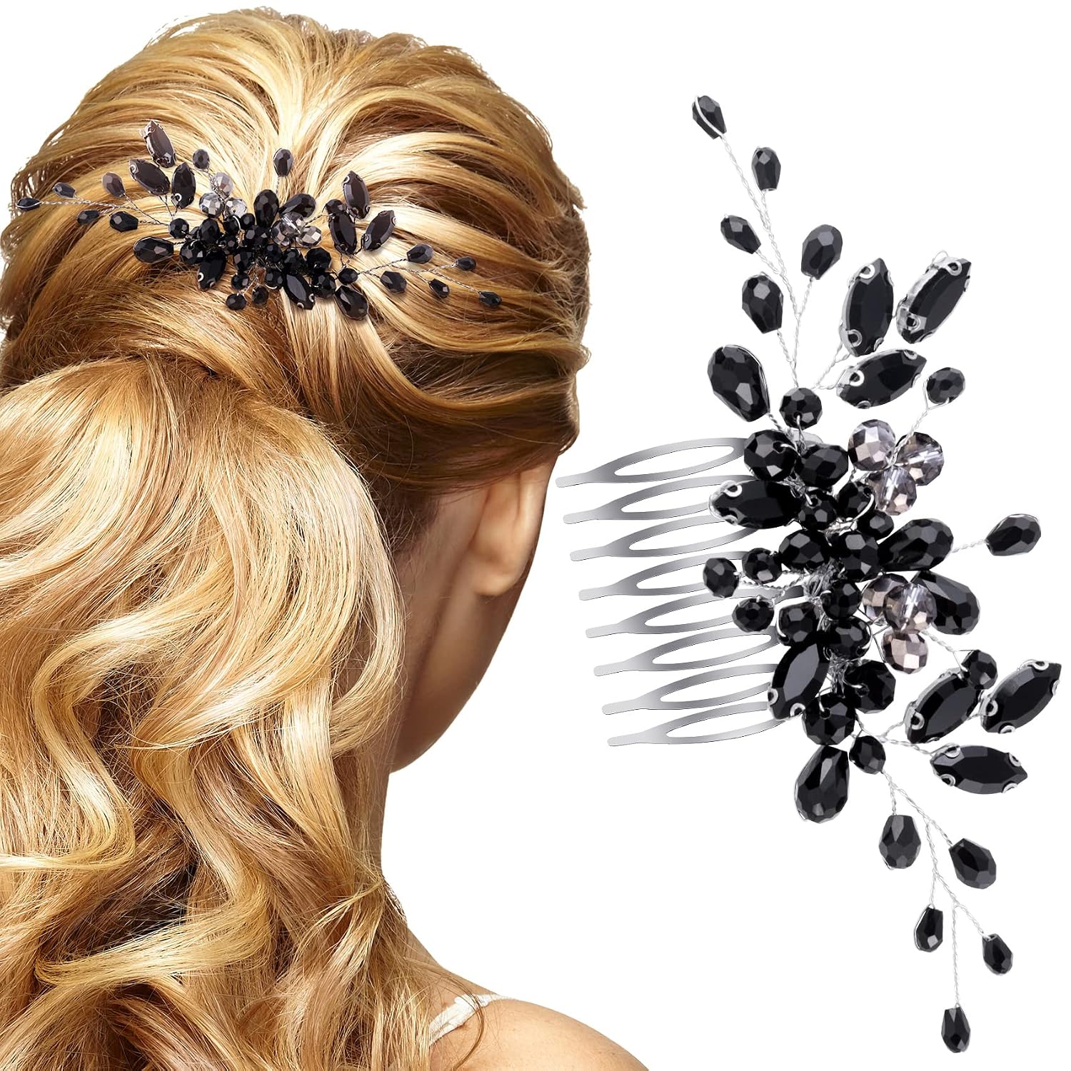 PAGOW Black Teardrop Hair Comb, Vintage Rhinestone Crystal Onyx Small Headpiece, Bridal Side Combs Handband Accessories for Women and Girls 5.3 x 2.6 inch