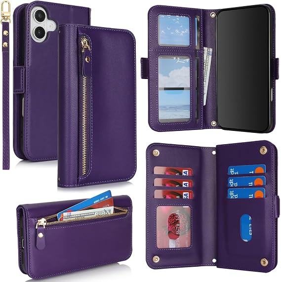 for iPhone 16 Phone Case with Card Holder for Women Men,Phone Case Wallet for iPhone 16 with Wrist Strap,PU Leather Zipper Pocket Credit Card Slots Flip Cover,Purple
