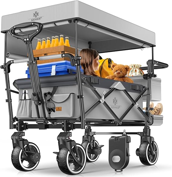 KESSER® Bollerwagen Faltbar GTS-9100 mit Dach Handwagen Transportwagen klappbar belastbar bis 150kg mit Hartgummi-Räder & Feststellbremsen Vorne/Hinten Inkl. Schloss Abdeckung Wetter & Sichtschutz