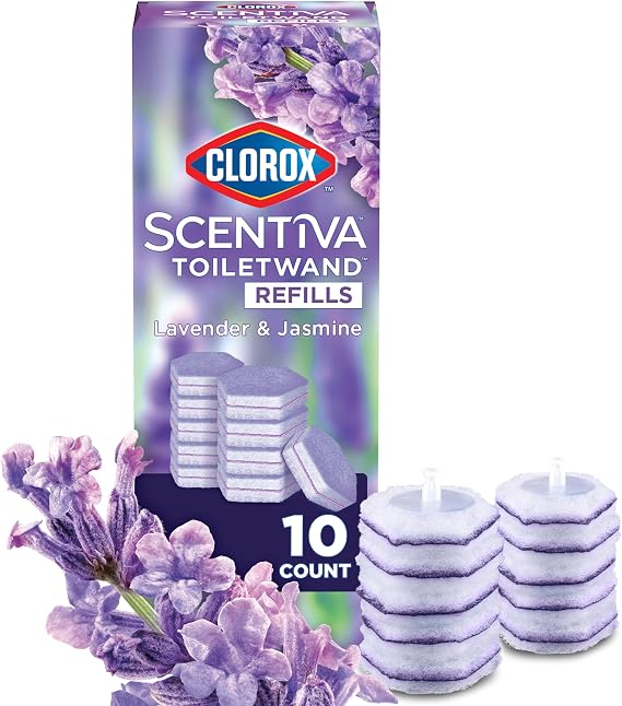 Clorox Scentiva ToiletWand Refills, Lavender and Jasmine, 10 Count | Disposable Toilet Brush Scrubbing Pads, Eliminates Hard Water and Lime Stains 2X Better than a Manual Brush