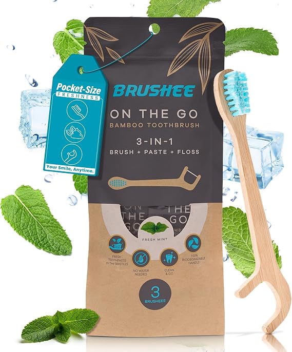 Brushee Travel Toothbrush 3-Pack, Bamboo Disposable 3-in-1 with Flosser | Individually wrapped, soft bristles, mint paste built in, no rinse needed; for gym, purse, carry-on trips, Invisalign care