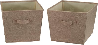 Household Essentials Medium Fabric Storage Bins 2 Pack, Storage Bins with Handles, Poly Linen Fabric with Wire Framing, Great for Shelving Organization, Latte Linen
