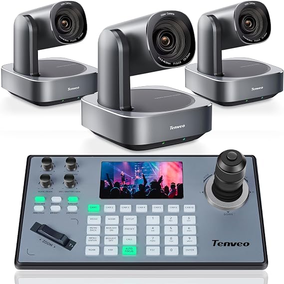 Tenveo PTZ Camera and KB200PRO Controller Bundle- 12X 4K PTZ Camera(3pcs) with HDMI/USB3.0/LAN(PoE) and PTZ Controller Joystick Keyboard Controller for Church Services Live Streaming Conference