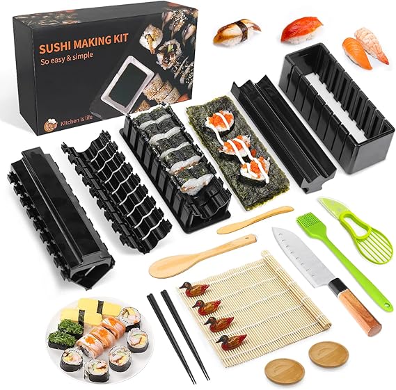 Sushi Maker Kit, 20 pcs DIY Complete Sushi Kit for Beginners with Sushi Mat, Chopsticks, Avocado Slicer, Paddle, Spreader, Sushi Knife, Chopstick Holder, Sauce Dishes, Brush.