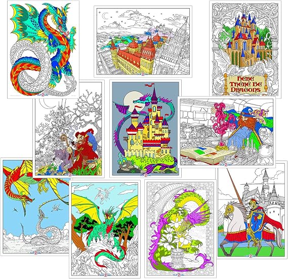 Dragons, Castles, and Fantasy - Coloring Poster 10 Poster Pack - Line Art Coloring Bundle (Beautiful Art Printed on Heavy Cardstock - Excellent Coloring Project for Groups and Individuals)