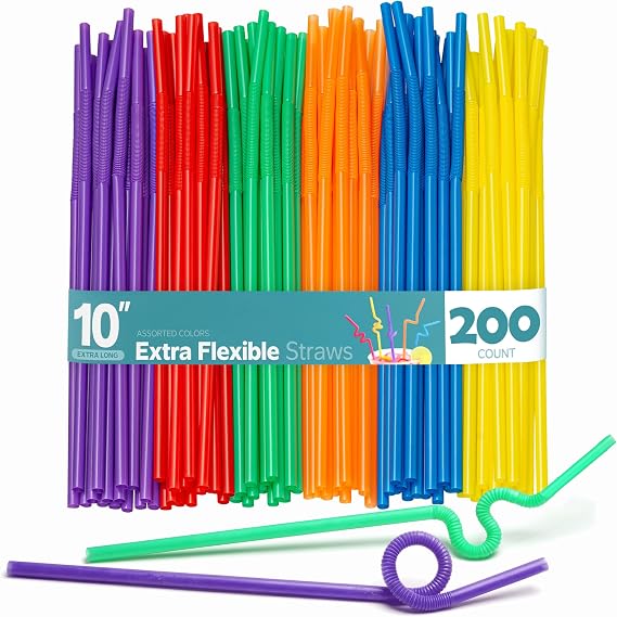 Comfy Package [200 Pack] Flexible Disposable Plastic Drinking Straws - 7.75"High - Assorted Colors Striped (Assorted Colors - 10.02")