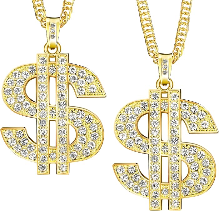 2pcs Gold Chain for Men - Halloween Fake Money Chains,Big Silver Dollar Sign Necklace,Hip Hop 70s 80s 90s Costume