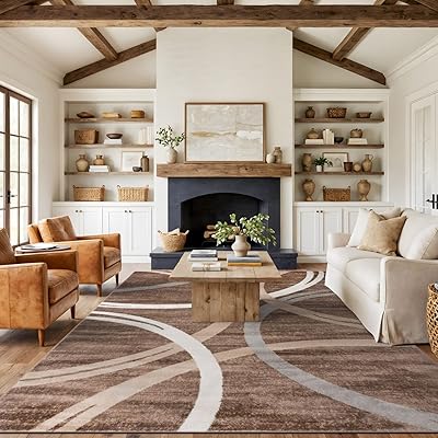 Rugshop Modern Wavy Circles Design Area Rug, Non-Shedding Carpet for Living Room, Bedroom, or Dining Room, Brown, 710 x 102