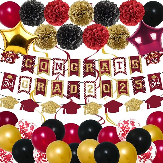 Maroon Gold Graduation Decorations 2025 - Congrats Grad Banners, Paper Pompoms, Star Foil Balloons and Hanging Swirls for 2025 Graduation Party Decoration Supplies