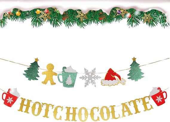 Glitter Christmas Hot Chocolate Banner with Christmas Tree Snowflake Santa Hat Hot Cocoa Bar Garland Banner for Wintertime Xmas Theme New Year Holiday Party Sign Decorations Supplies