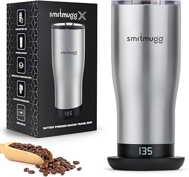 SmrtMugg X Heated Coffee Mug 19 oz., 8 Hour Battery Life, Self-Heating, Adjustable Temp Controlled, LCD Screen, Includes Cover with Magnetic Slider (Black) (Stainless Steel)