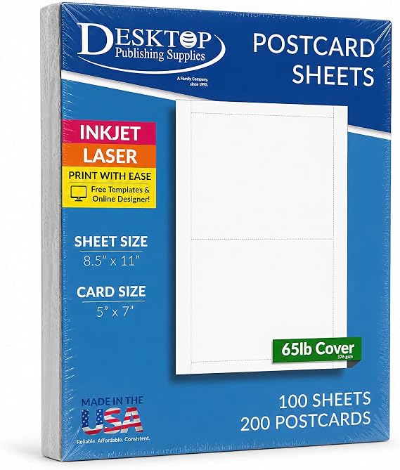 Blank White Postcards 5" x 7" 65lb Cover Perforated - 200 Cards
