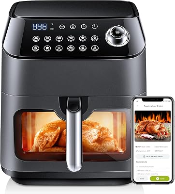 Smart WiFi Air Fryer, 11 Presets One-Touch Recipe Function, See-Through Ceramic Coated Basket, Rapid Frying, 100 Online Recipe, 6 Quart, UL Certified, Black, Large AF600