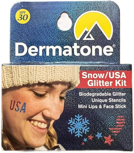 Snow/USA Glitter Kit with Biodegradbale Glitter - Includes 2 Glitter Colors + Stencil + SPF 30 Balm - Perfect for Sports & Events, Festivals & Parties