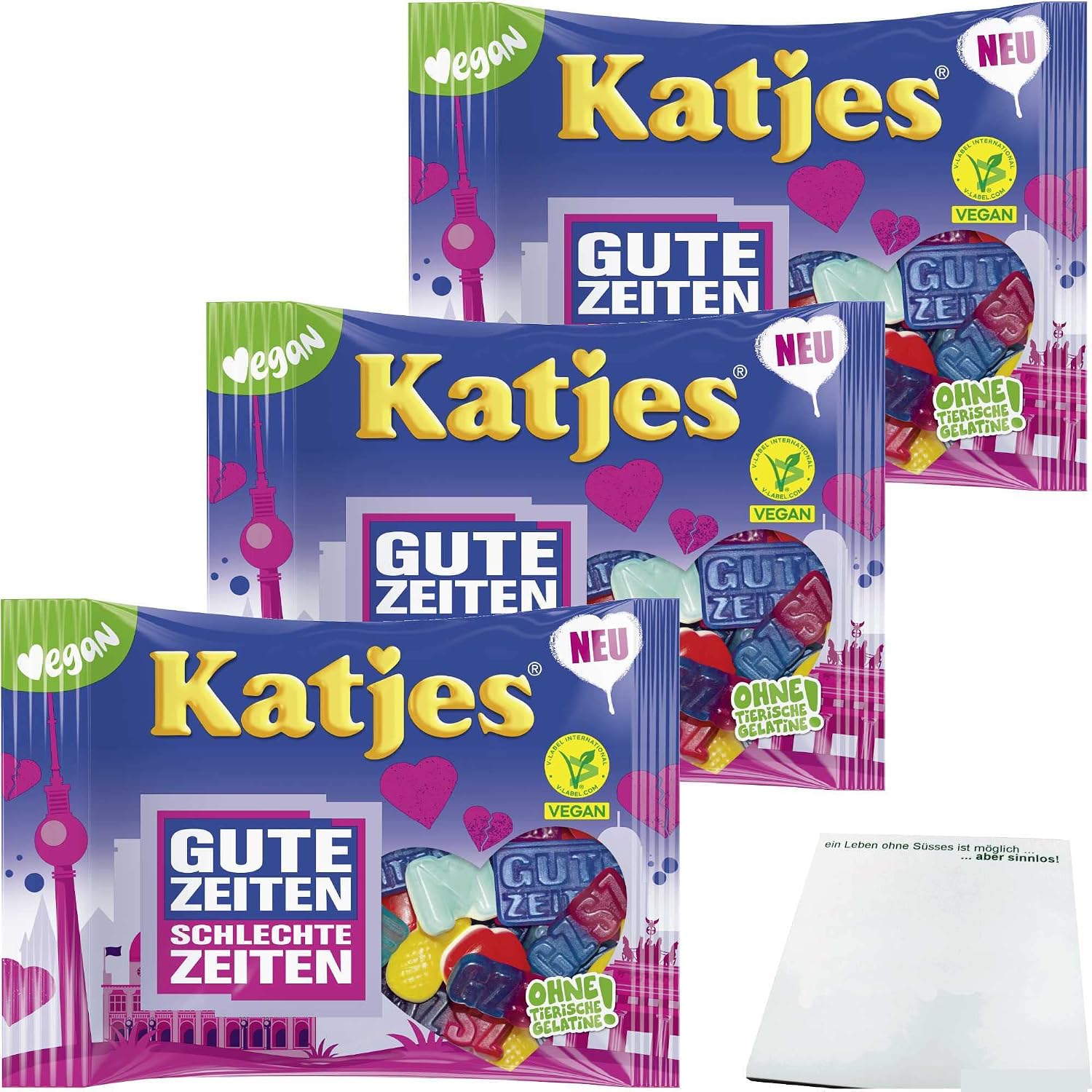 Katjes GZSZ Fruit Gum Vegan Pack of 3 (3 x 175 g Pack) + usy Block