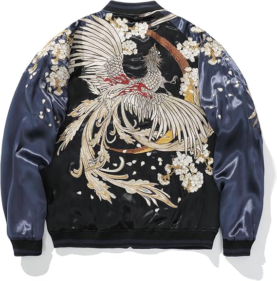 Japanese Phoenix Tiger Embroidery Bomber Jacket Satin Blue
