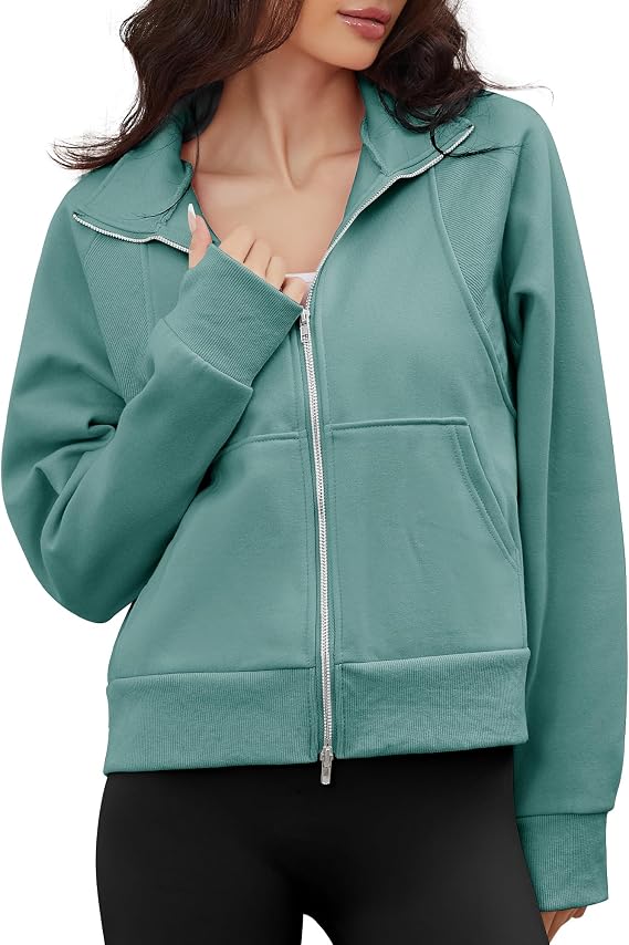 Women's Zip Up Fleece Sweatshirt Jacket Long Sleeve Oversized Fall Winter Casual Cozy Outwear with Pockets