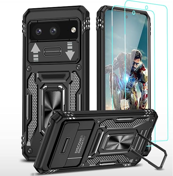 YmhxcY Google Pixel 7A Case Slide Camera Case Explosion-proof Film 2 Pack Military Protection 360° Rotating Ring Kickstand for Google Pixel 7A 6.1 inch Black