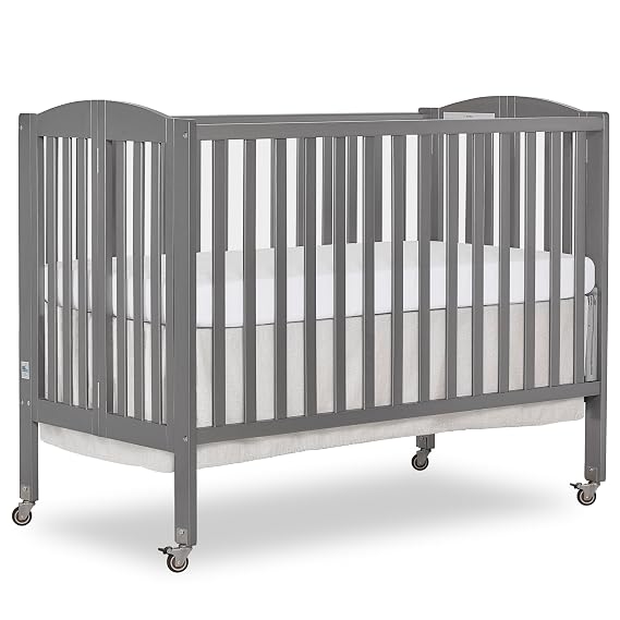 Dream On Me Full Size 2-in-1 Folding Baby Crib, GREENGUARD Gold, Steel Grey | Patented Quick Folding Design, Compact & Portable, Metal Locking Wheels, 2 Adjustable Heights, BSA Verified, Non Toxic Finish