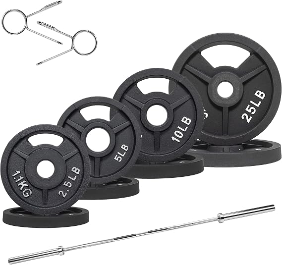 Fitvids Olympic Cast Iron 2-Inch Weight Plates Including 6FT Olympic Barbell Bar & Safely Locks, Barbell Set (85 Lbs Plates + 6 FT Barbell Bar), Multiple Packages