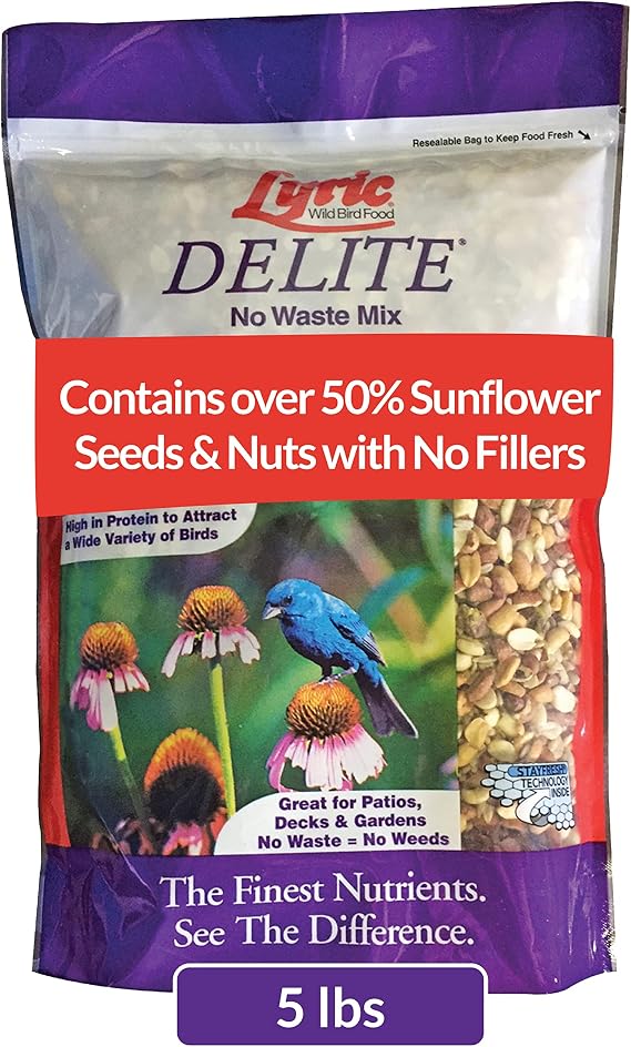 Lyric Delite Wild Bird Seed for Outside Feeders - No Waste Bird Food, Shell-Free Nuts & Seeds Mix, Attracts Buntings, Chickadees & Finches, 5 lb Bag | For outside feeders - Bird food mix with nuts and seeds to attract Buntings, Chickadees and Finches