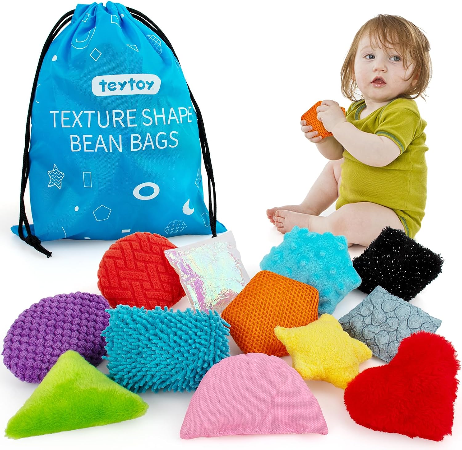 teytoy Texture Sensory Bean Bags Toys for Autism, 12 Fidget Sensory Shape Toys with Storage Bag, Develop Fine Motor & Sensory Play for Baby Boys Girls Special Needs Developmental Toys