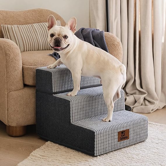 Sytopia Dog Steps for Bed and Sofa, 3-Step Pet Stairs for Small Dogs and Cats, High Density Foam, Removable Washable Cover, Non-Slip Bottom and Surface, Support up to 60 lbs, Grey, Height 34 cm