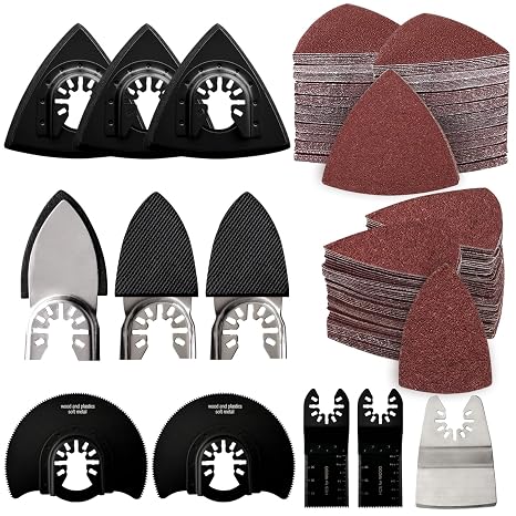 161Pcs Oscillating Tool Sanding Pad Kit, Includes 3Pcs Triangle Sanding Pads, 3Pcs Finger Sanding Pad, 150Pcs Sandpaper and 5 Saw Blades, for Wood Polish Sanding, Other Surfaces