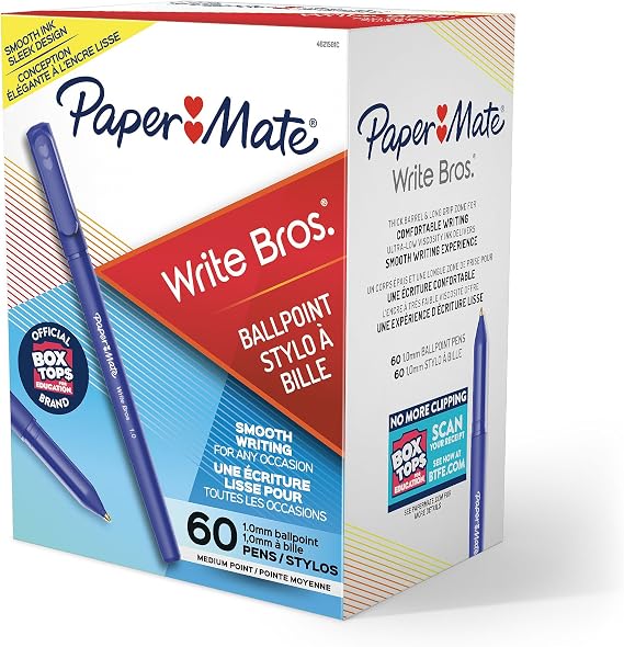 Paper Mate Ballpoint Pens, Write Bros. Blue Ink Pens, Medium Point (1.0mm), 60 Count