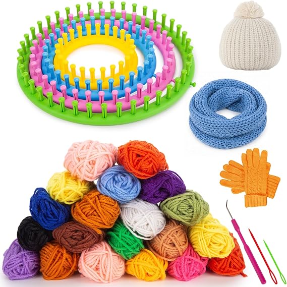 VGOODALL 27PCS Round Knitting Loom Kit, Circular Loom Set with Hook Needles 20 Colorful Yarns Knitting Supplies for Hat Scarf Shawl Sweater Sock, DIY Craft Gifts for Beginners and Seasoned Knitters