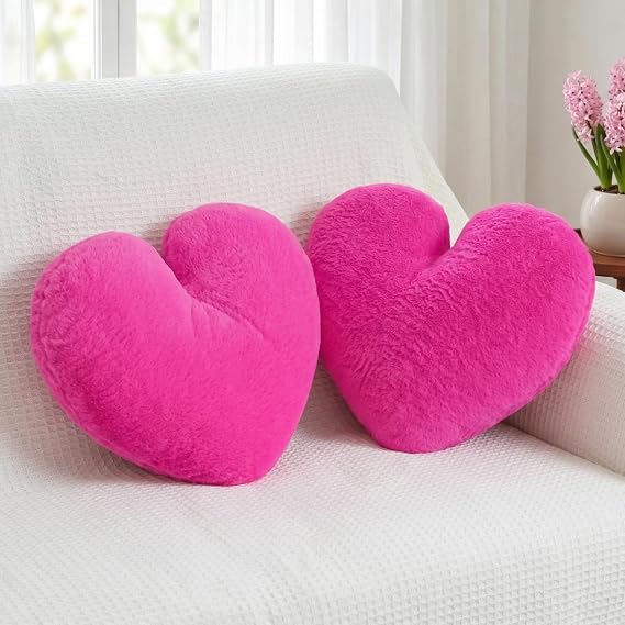 2 Pcs Hot Pink Heart Pillow 16" Decorative Throw Pillows for Bed Couch | Cute Heart Shaped, Faux Plush, Soft and Fluffy, for Sofa Bedroom Living Room Decor Aesthetic,Valentines gifts for girls women