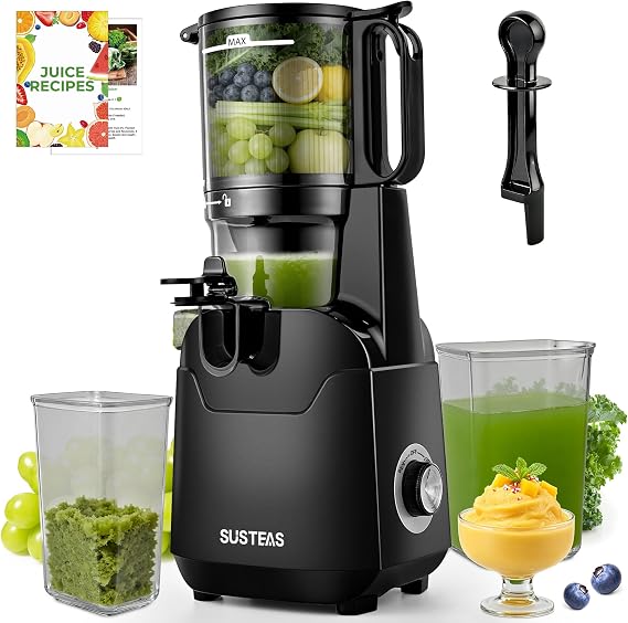 SUSTEAS Juicer Machines, 2-in-1 Cold Press Juicer Strainer (Juice & Sorbet) | 5.3" Extra Wide Chute, Whole Fruits & Vegetables, 64oz Hopper, Easy to Clean, High Juice Yield, Slow Juicer, Premium Black
