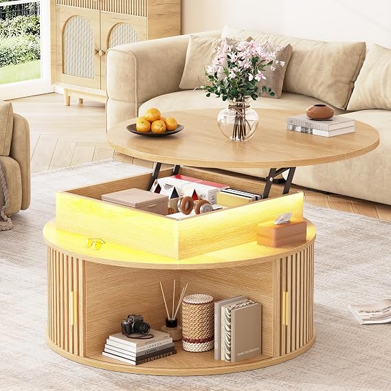 Itaar 31.5" Lift Top Coffee Table, Round Coffee Table with Storage & LED Light, 3-Tier Fluted Coffee Tables for Living Room with Sliding Cabinet Door, Natural Oak