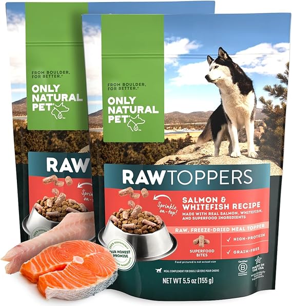 Only Natural Pet Raw Toppers Salmon & Whitefish - Protein Packed, Great Tasting Freeze Dried Raw Food Topper for Dogs - 5.5 OZ Bag 2 Pack (S)