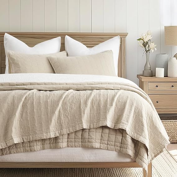 EVERGRACEHOME Stonewashed Cotton Quilt Set, King Size, Flax Beige