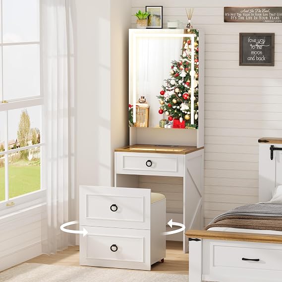 Lvifur Small Vanity Desk with Mirror and Lights, Modern Glass Top Dressing Table with Wheels & Charging Station, Compact Makeup Vanity Set with Jewelry Cabinet & Hidden Storage Stool (White)