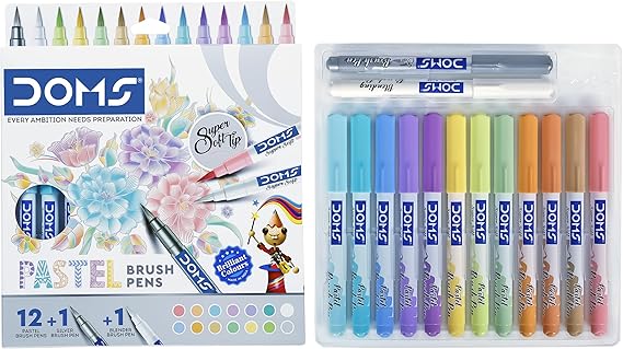 Doms Super Soft Tip Pastel Shades Brush Pen Set | 12 Pastel + 1 Silver + 1 Blender | Ideal for Doodling, Illustrations, Calligraphy, Artists & Professionals | Pack of 1