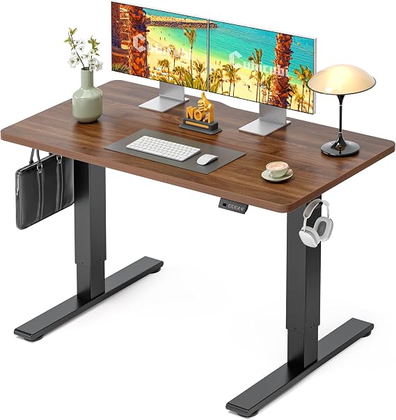 CubiCubi Electric Standing Desk 48 x 24 Inch, Height Adjustable Sit Stand Desk with Memory Presets, Splice Desktop Computer Desk for Home Office, Black Frame/Dark Walnut Top