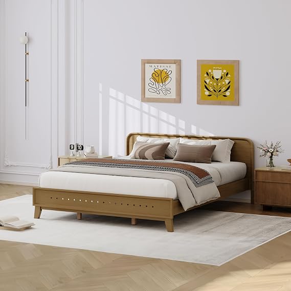 DEINPPA Pine Wood Platform Bed Frame with Headboard, Queen Size Wooden Bed Frames, No Box Spring Needed, Easy Assembly-Rustic Yellow