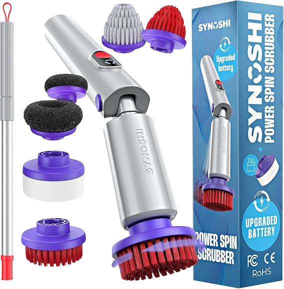 Synoshi PRO Spin Scruber, Extension Handle | , Cone, Round, Sponge, Steel Brushes. Power Cleaning Brush, Cordless Scrubing