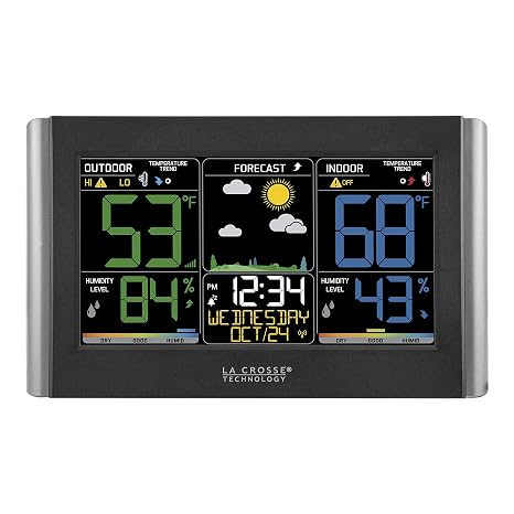 La Crosse Technology Weather Station with Customizable Alerts, Weather Forecast, Temperature, Dew Point, Humidity, Time, Heat Index, Large Display, Adjustable Brightness, Wireless, Black, C85845-INT