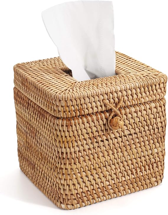 Rattan Cosmetic Tissue Box - Braided Tissue Dispenser for Bathroom Kitchen or Office Decorative Tissue Holder 14.5 x 14.5 x 12.7 cm