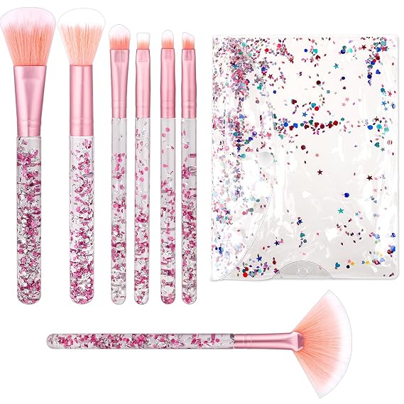 Cute Makeup Brush Set, Face Cosmetics Blending Brushes (7 Pcs) | Soft Synthetic Bristles with Crystal Glitter Handle for Concealer Eye Shadow Eyeliner Blush Lip Blending